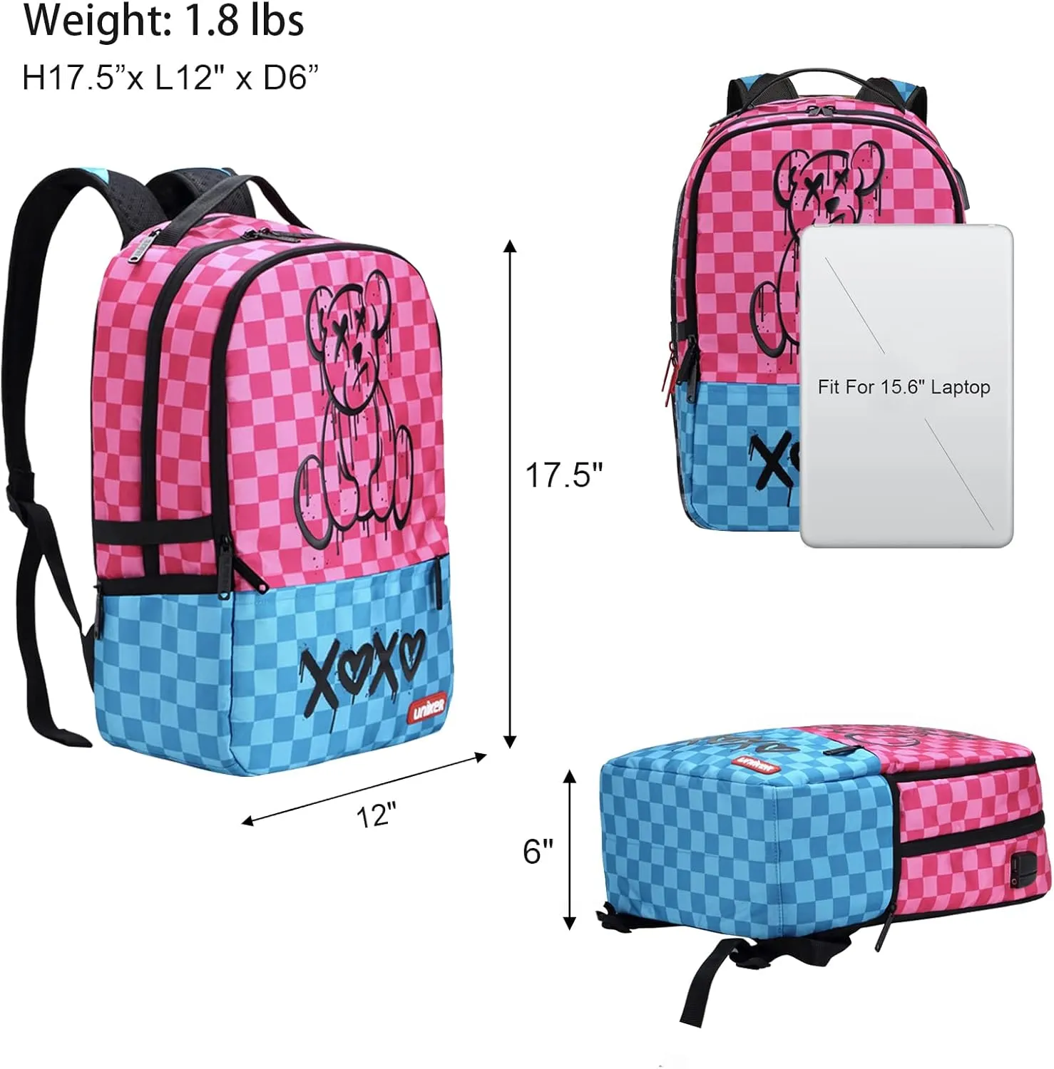 UNIKER Pink Laptop Backpack with USB Charging Port for School Teens Girls, Water Resistant Travel Backpack for Women, Middle School Backpack for 15.6 Inch Laptop, Pink Bear