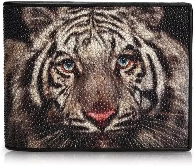 Unique Tiger Designer Genuine Real Stingray Skin Leather Male Small Clutch Purse Men's Short Trifold Wallet Man Card Holder Large capacity