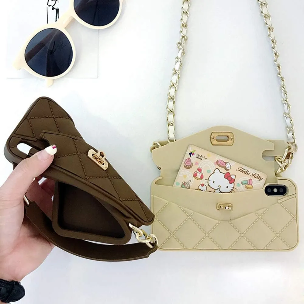UnnFiko Wallet Case Compatible with iPhone XR, Pretty Luxury Bag Design, Purse Flip Card Pouch Cover Soft Silicone Handbag Case with Long Shoulder Strap (Khaki, iPhone XR)
