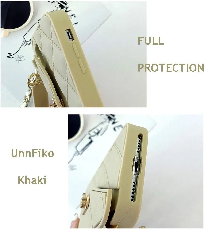 UnnFiko Wallet Case Compatible with iPhone XR, Pretty Luxury Bag Design, Purse Flip Card Pouch Cover Soft Silicone Handbag Case with Long Shoulder Strap (Khaki, iPhone XR)
