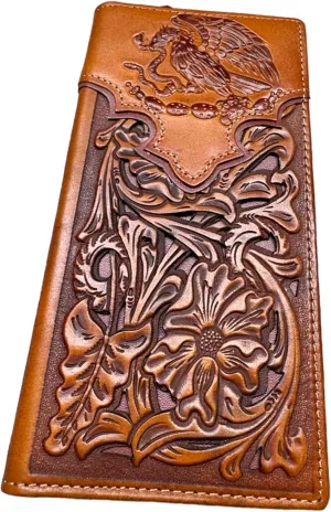 Urbalabs Mens Coat Of Arms Of Mexico Western Leather Long Wallet Floral Cutout Golden Eagle Snake Layered Checkbook Style Mens Wallets Leather Bull Rider Rodeo Gifts For Men (Brown & Coffee)