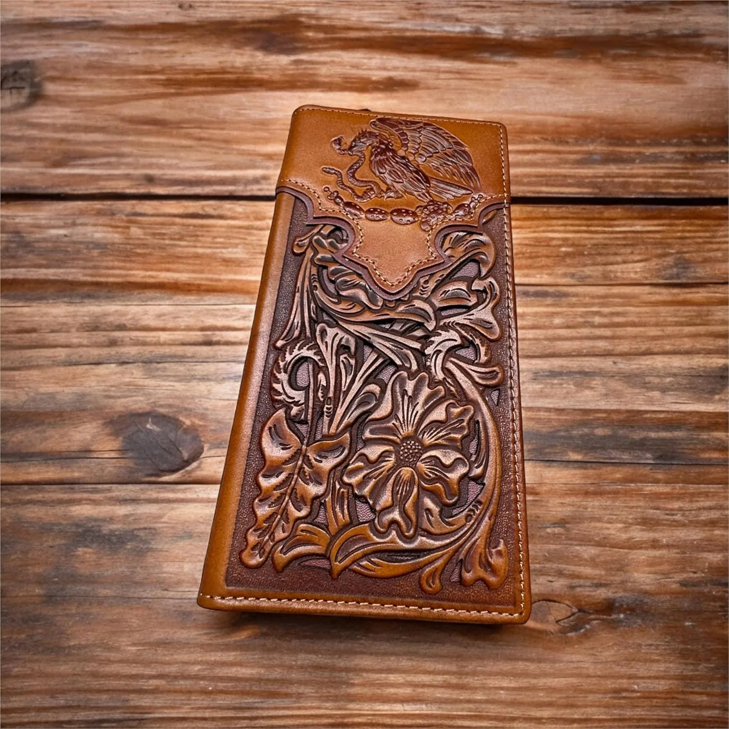 Urbalabs Mens Coat Of Arms Of Mexico Western Leather Long Wallet Floral Cutout Golden Eagle Snake Layered Checkbook Style Mens Wallets Leather Bull Rider Rodeo Gifts For Men (Brown & Coffee)