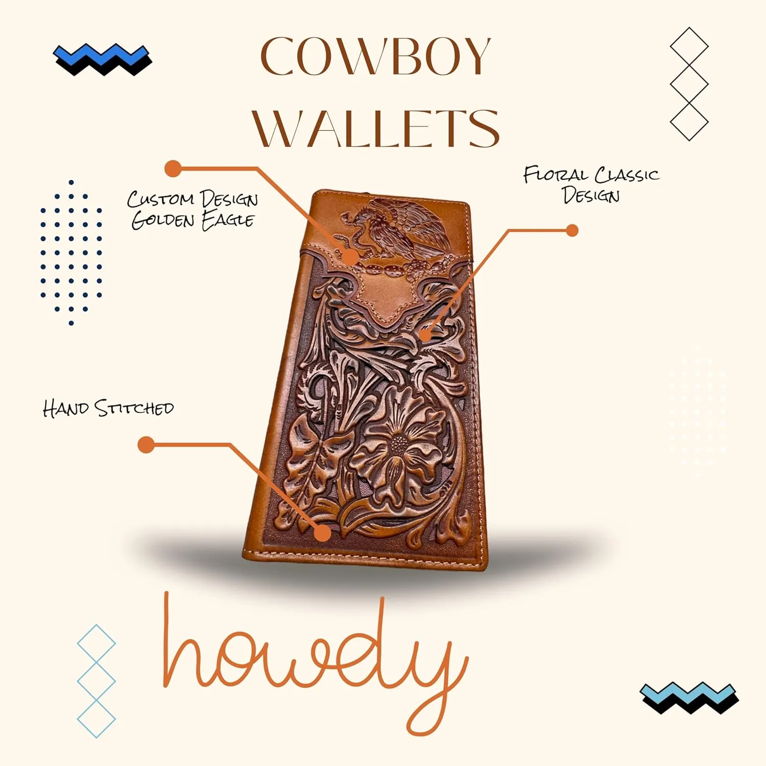 Urbalabs Mens Coat Of Arms Of Mexico Western Leather Long Wallet Floral Cutout Golden Eagle Snake Layered Checkbook Style Mens Wallets Leather Bull Rider Rodeo Gifts For Men (Brown & Coffee)