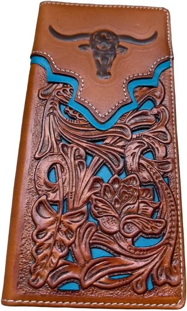 Urbalabs Mens Long Wallet Floral Embossed Longhorn Leather Brown and Teal Soft Leather Checkbook Style Cowboy Hand Crafted High End Mens Wallets Leather Bull Rider Rodeo Concho Gifts For Men