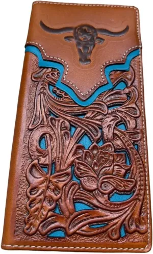 Urbalabs Mens Long Wallet Floral Embossed Longhorn Leather Brown and Teal Soft Leather Checkbook Style Cowboy Hand Crafted High End Mens Wallets Leather Bull Rider Rodeo Concho Gifts For Men
