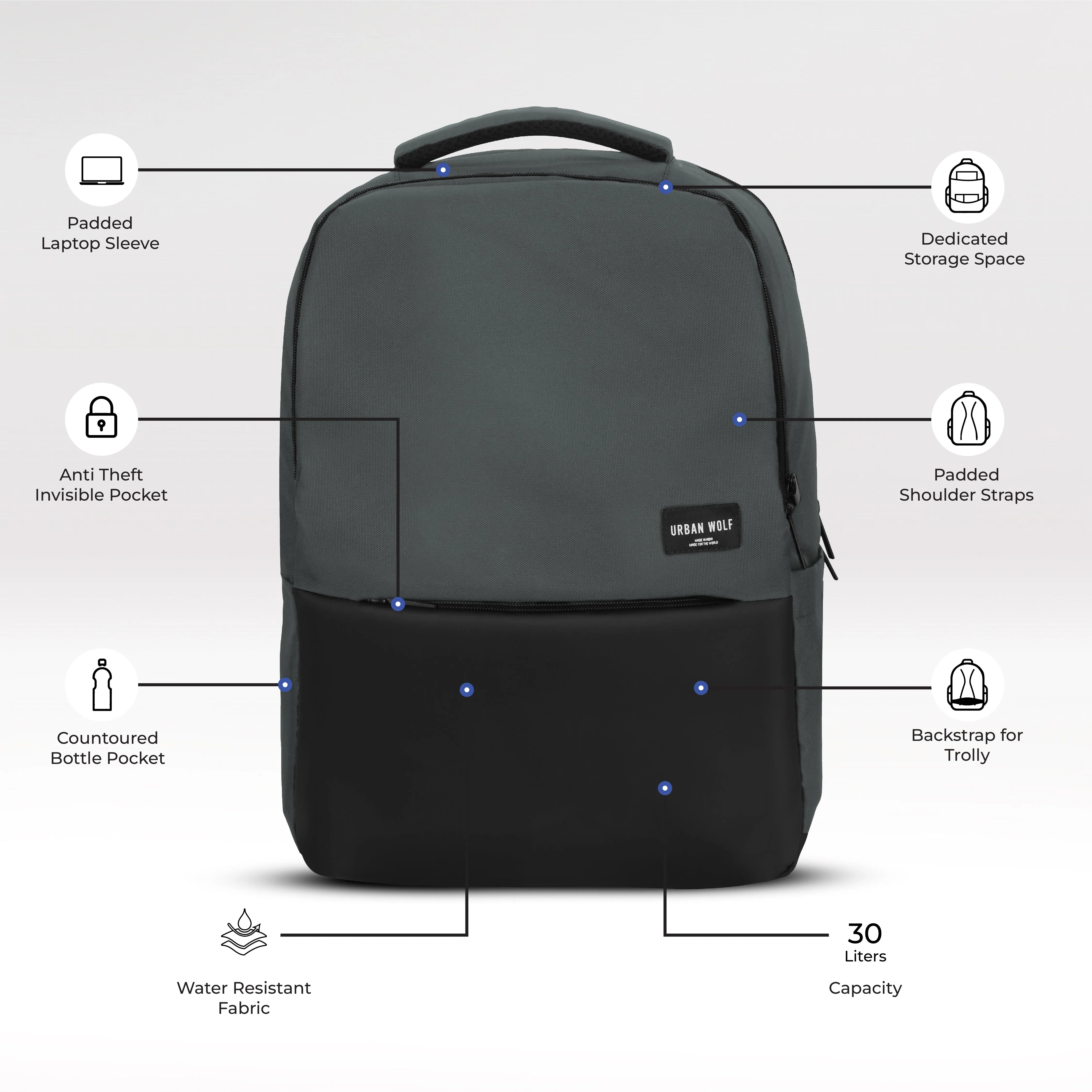 URBAN WOLF Business Casual 30L Dual Compartment Water Resistant Laptop Backpack (GREY)