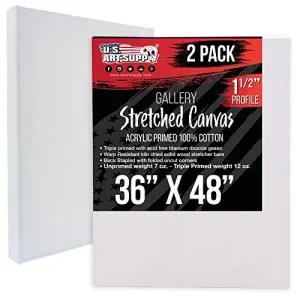 U.S. Art Supply 36 x 48 inch Gallery Depth 1-1/2" Profile Stretched Canvas, 2-Pack - 12-Ounce Acrylic Gesso Triple Primed, Professional Artist