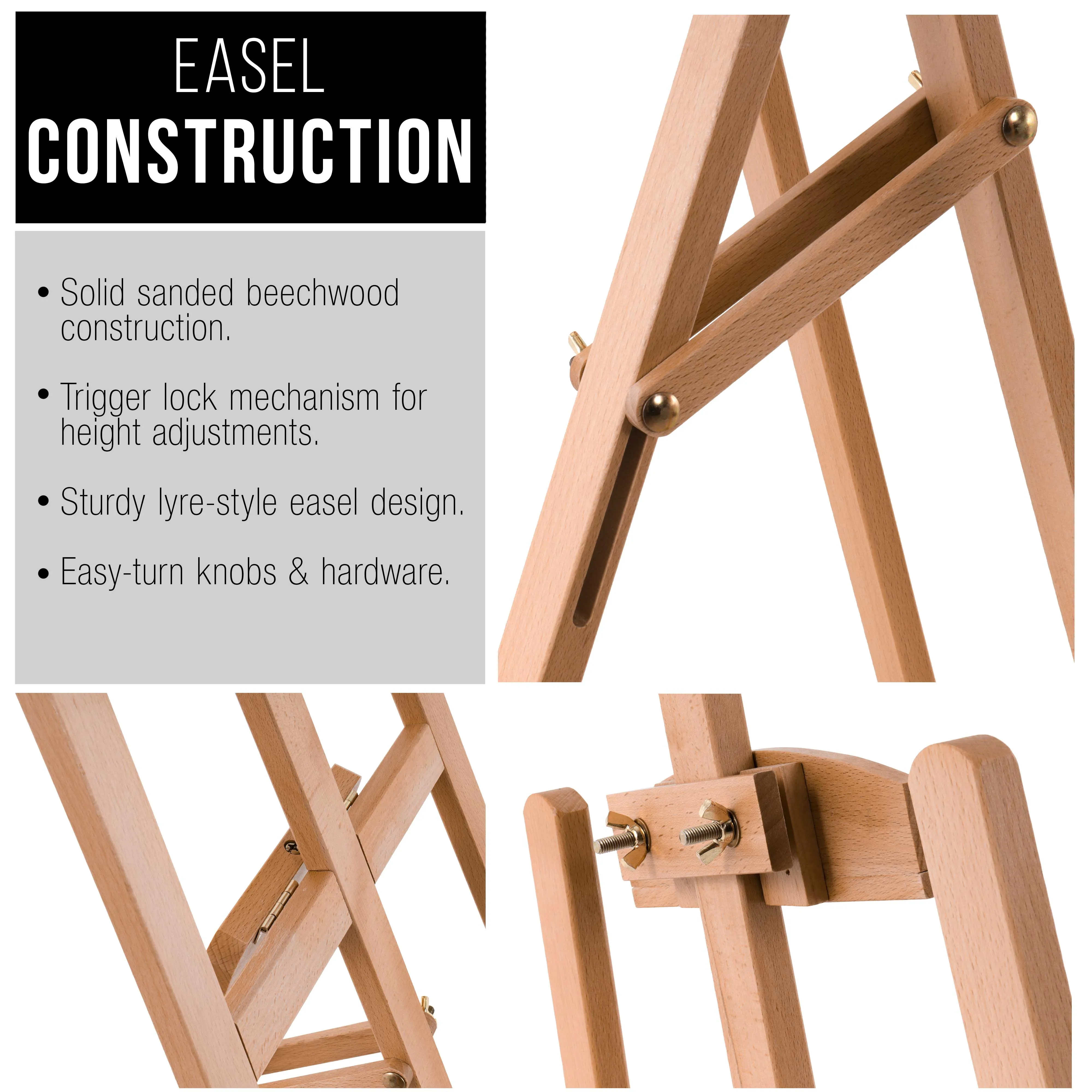 U.S. Art Supply 56" High Medium A-Frame Wood Easel, Lyre Style Studio - Artists Floor Stand, Sturdy Beechwood, Adjustable Height 43" Canvas, Painting