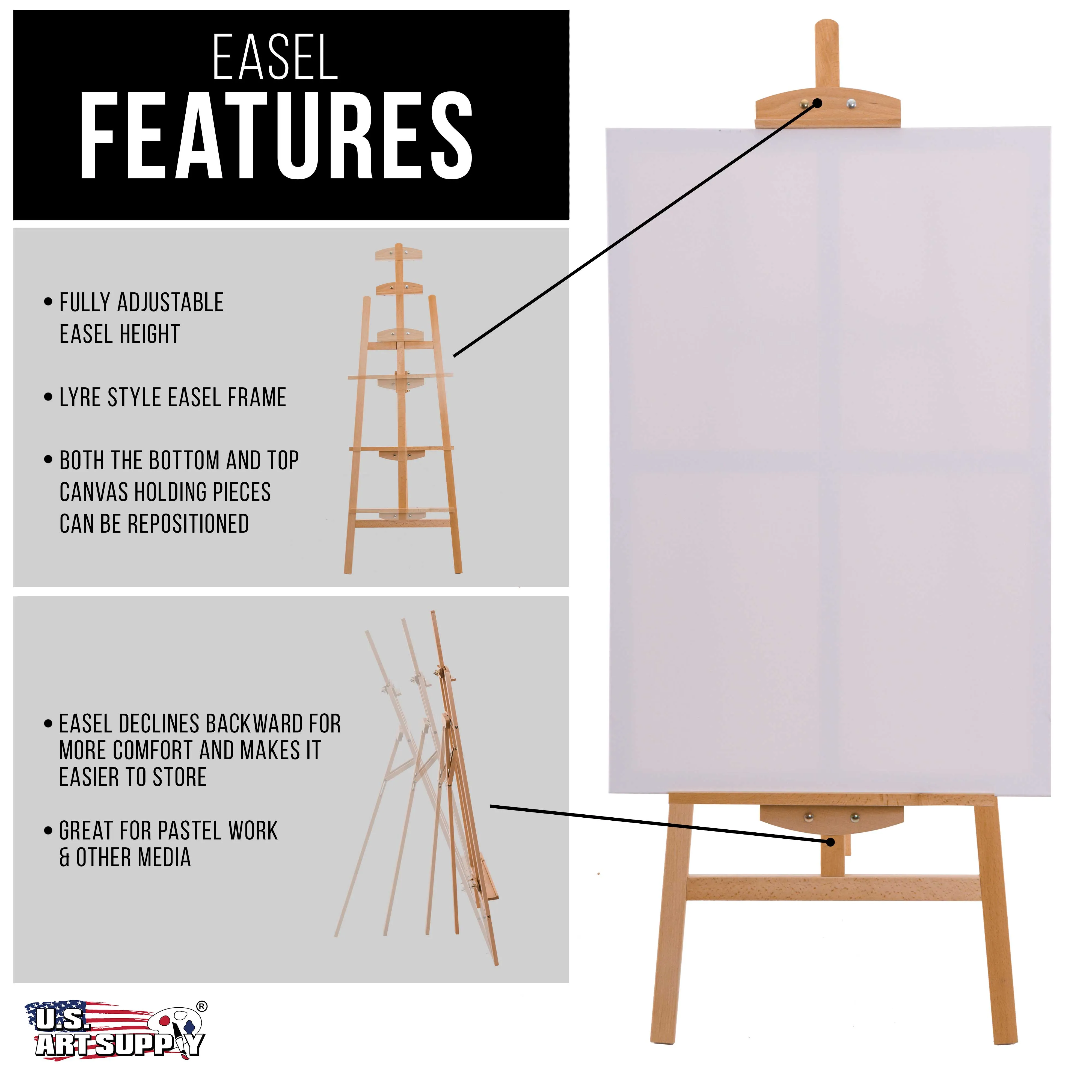 U.S. Art Supply 56" High Medium A-Frame Wood Easel, Lyre Style Studio - Artists Floor Stand, Sturdy Beechwood, Adjustable Height 43" Canvas, Painting
