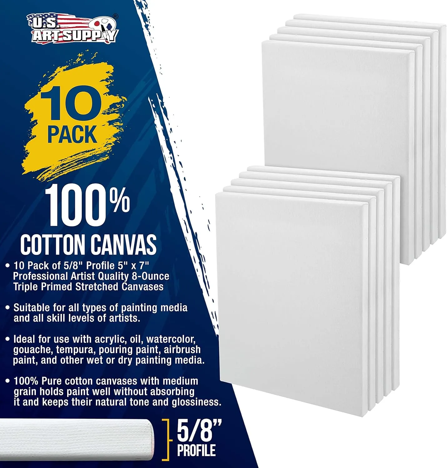 U.S. Art Supply 5x7 inch Stretched Canvas for Painting Super Value 10-Pack - Triple Primed Professional Artist Quality White Blank 5/8" Profile, 100% Cotton, Heavy-Weight Gesso - Acrylic Pouring, Oil