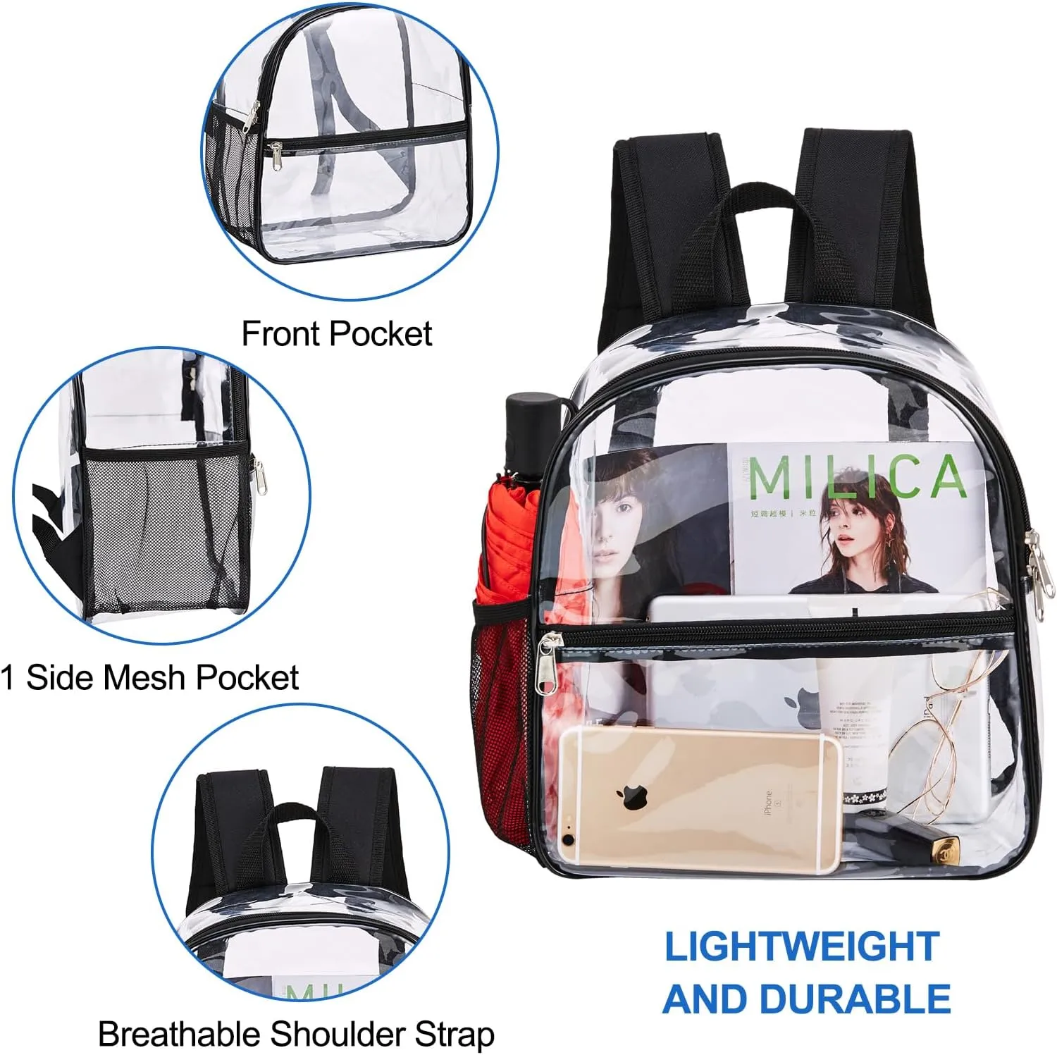 USPECLARE Clear Backpack for Stadium Approved 12×6×12, Water proof Clear Bag for Stadium Events and Concert Work Sport Event
