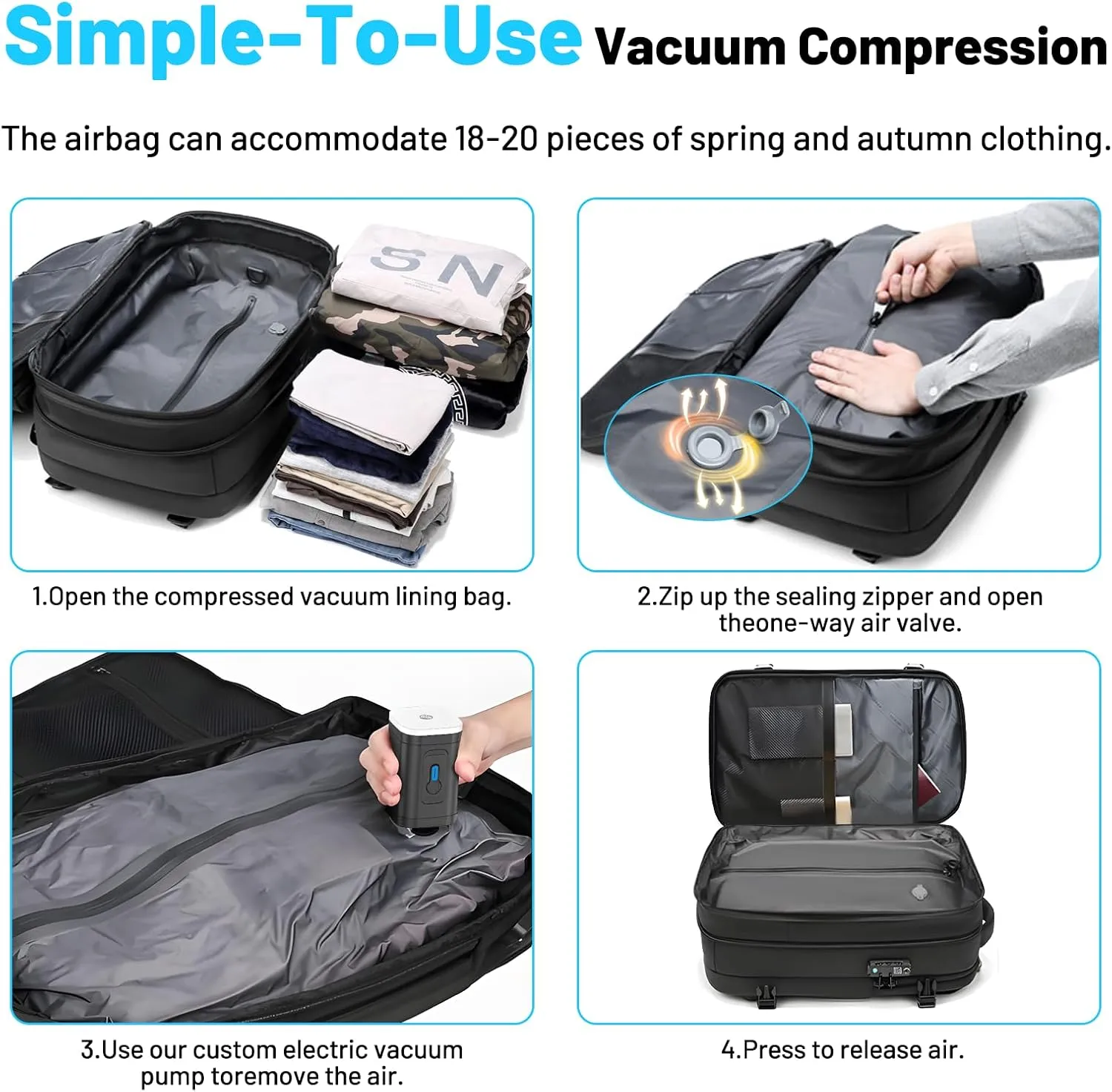 Vacpack, Vacuum Backpack, Carry On Airback Backpack, 60L Expandable Travel Airbag with Vacuum Seal Compression, Water Resistant, TSA Anti-Theft (Electric Air Pump Included)
