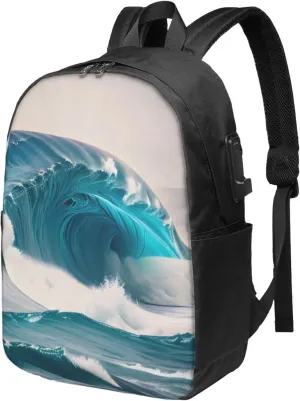 vacsAX Durable Ergonomic Backpack With - Large Capacity With USB Ports - Perfect For Women Men Cartoon blue sea wave