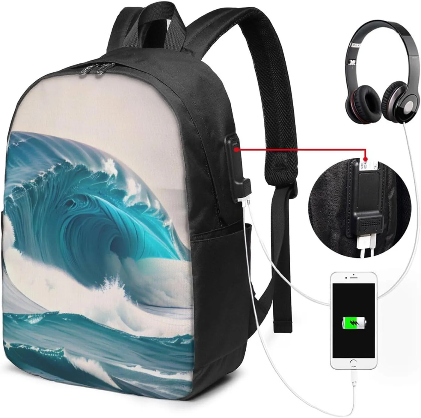 vacsAX Durable Ergonomic Backpack With - Large Capacity With USB Ports - Perfect For Women Men Cartoon blue sea wave