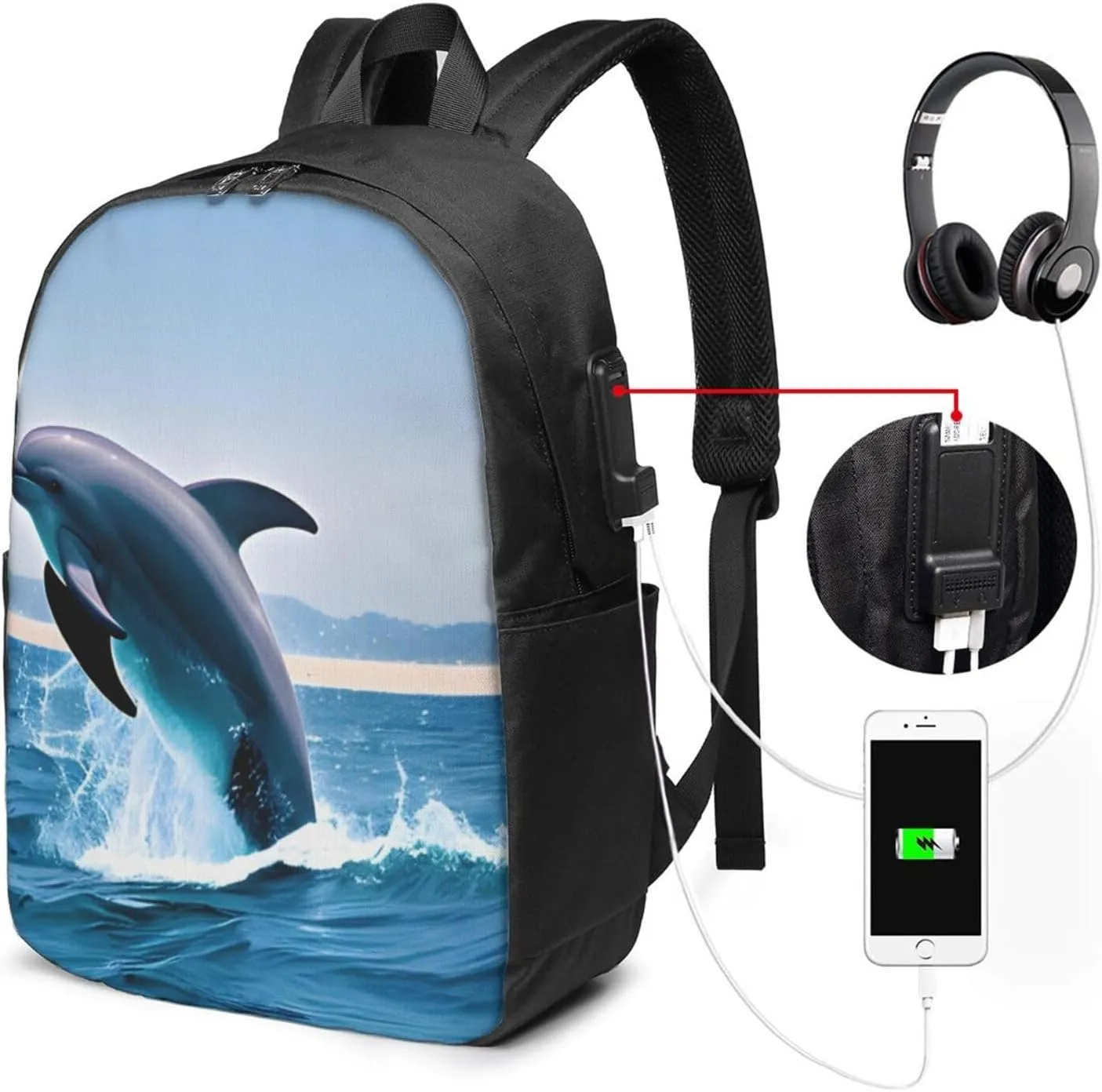 vacsAX Durable Ergonomic Backpack With - Large Capacity With USB Ports - Perfect For Women Men Jumping up dolphins