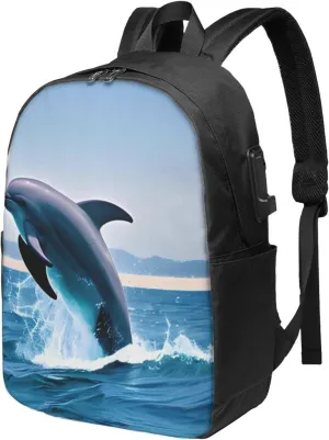 vacsAX Durable Ergonomic Backpack With - Large Capacity With USB Ports - Perfect For Women Men Jumping up dolphins