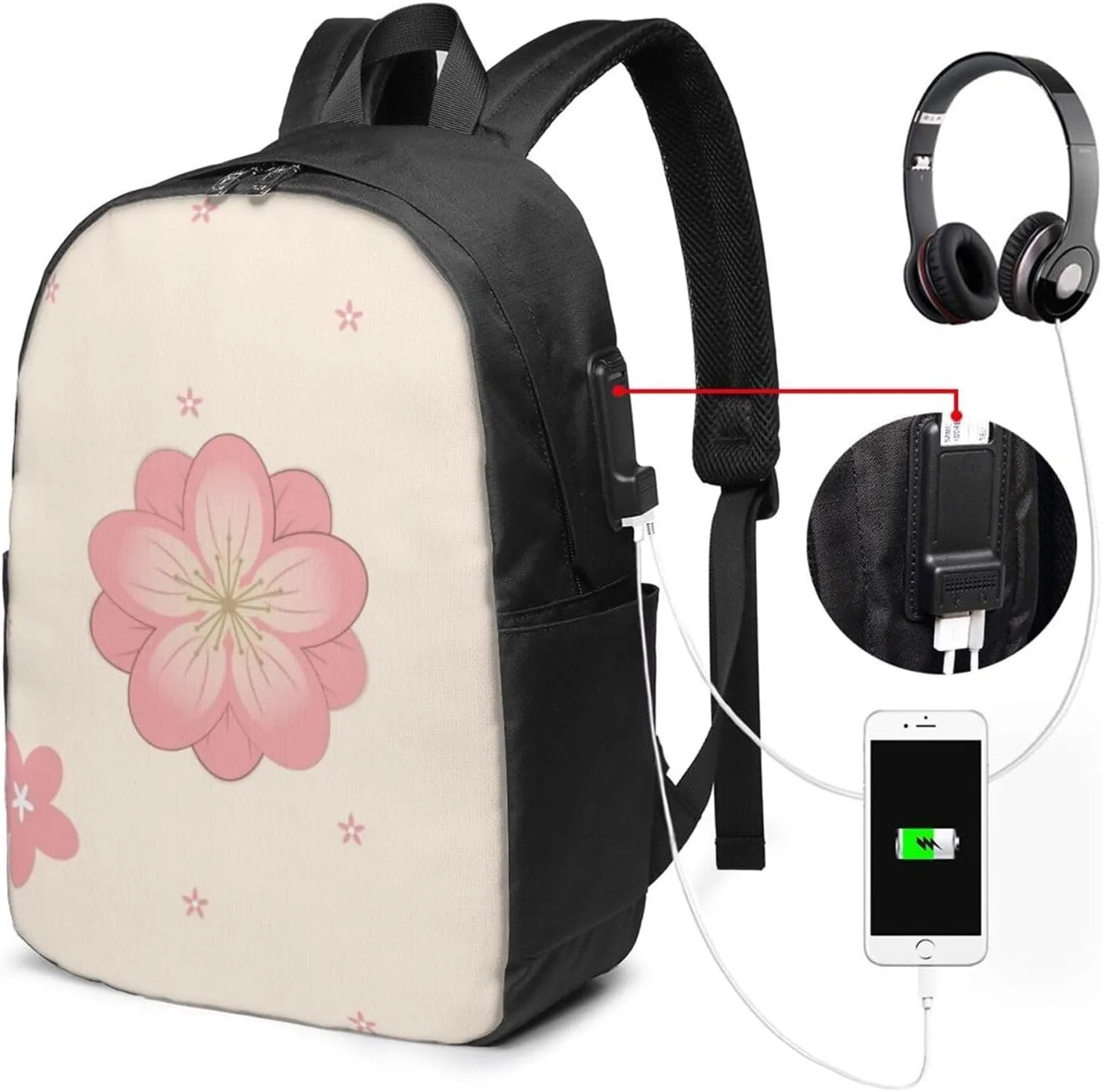 vacsAX Durable Ergonomic Backpack With - Large Capacity With USB Ports - Perfect For Women Men Little pink cherry blossoms