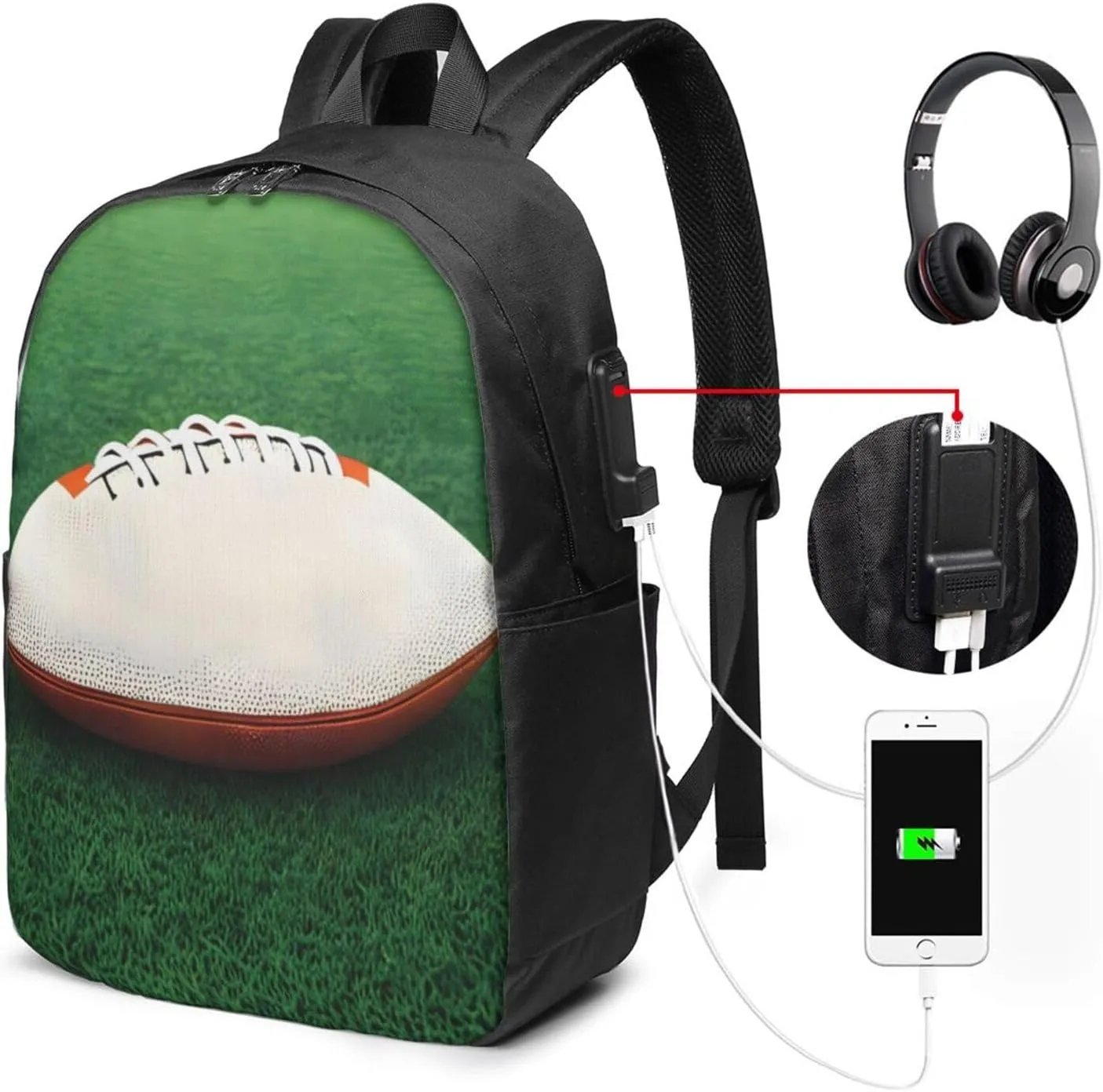vacsAX Durable Ergonomic Backpack With - Large Capacity With USB Ports - Perfect For Women Men White Rugby Ball