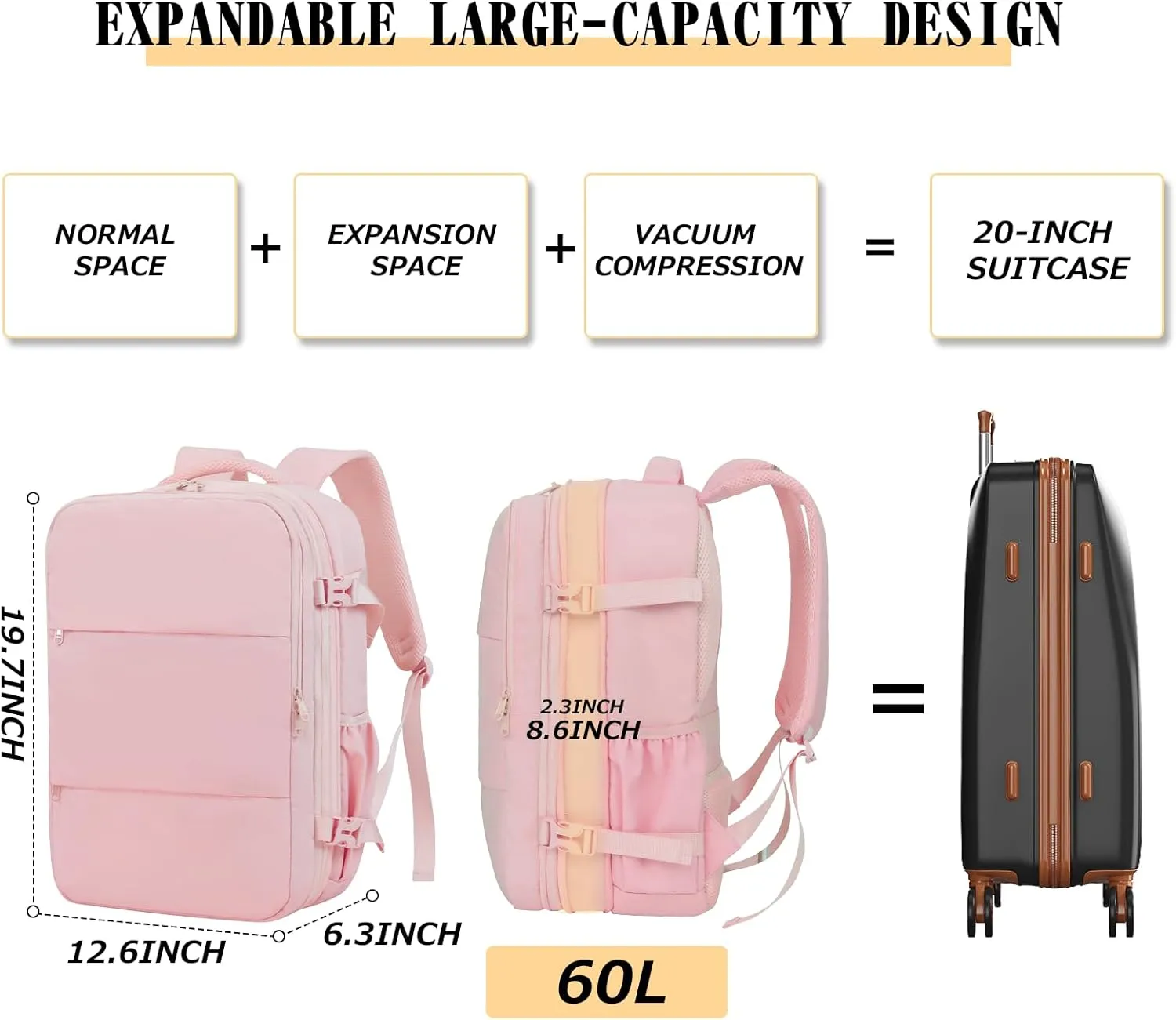 Vacuum Compression Backpack for Travel, Expandable Travel Backpack 60L, Business Bag with Compression, Fits 17-inch Laptop, Waterproof, for Men and Women – Pink