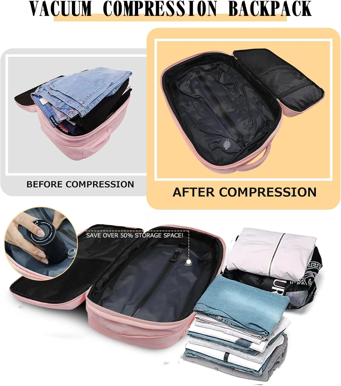 Vacuum Compression Backpack for Travel, Expandable Travel Backpack 60L, Business Bag with Compression, Fits 17-inch Laptop, Waterproof, for Men and Women – Pink