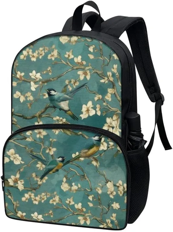 Van Gogh Almond Flower Bird Bookbag 17in Art Oil Painting Sparrow Floral High School Middle School Students Backpack Travel & Work Bookbag Casual Daypack High-Capacity Bag