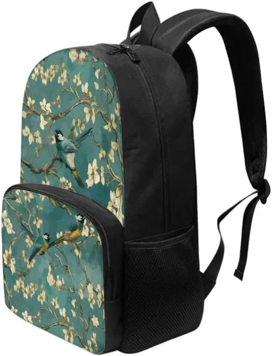 Van Gogh Almond Flower Bird Bookbag 17in Art Oil Painting Sparrow Floral High School Middle School Students Backpack Travel & Work Bookbag Casual Daypack High-Capacity Bag