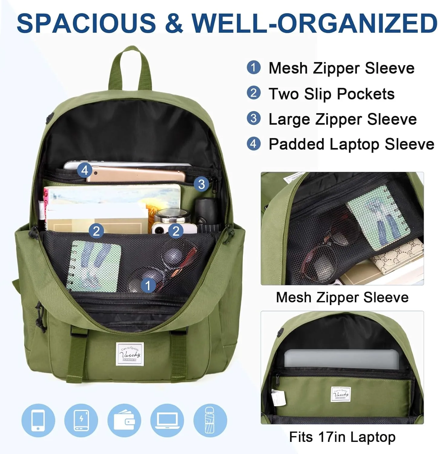 VASCHY Backpack for Men, Unisex Large Fashion Schoolbag Book bag Rucksack for High School/College/Work/Travel/Commuter Green