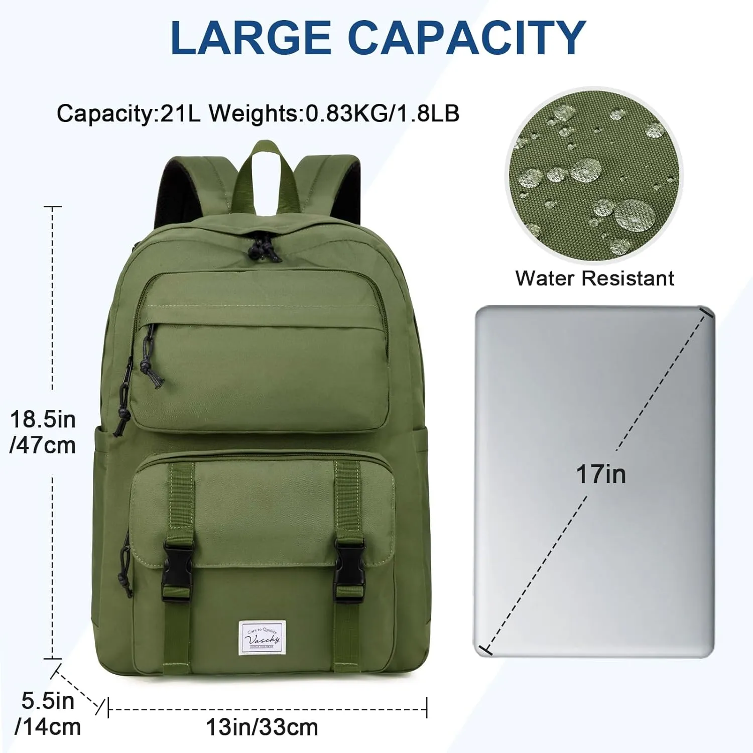 VASCHY Backpack for Men, Unisex Large Fashion Schoolbag Book bag Rucksack for High School/College/Work/Travel/Commuter Green