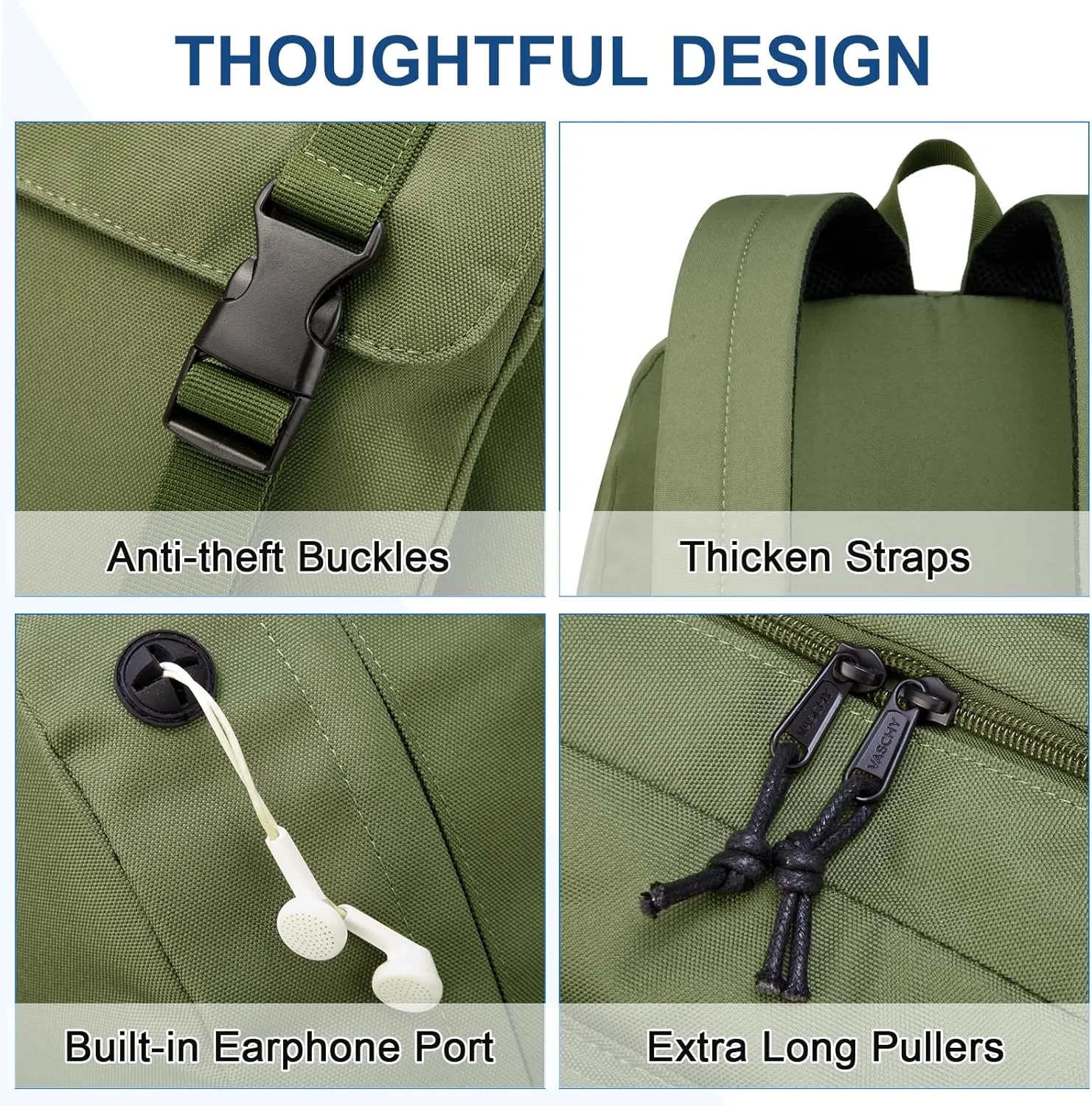 VASCHY Backpack for Men, Unisex Large Fashion Schoolbag Book bag Rucksack for High School/College/Work/Travel/Commuter Green