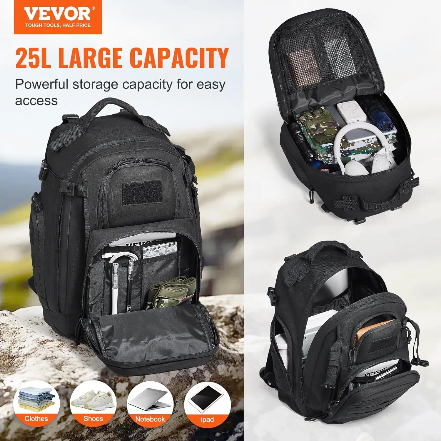 VEVOR Tactical Pack, 25L Military Tactical Pack with Molle Design & Sponge Pad, Army Assault Pack Bag for Men and Women, Range Gear Pack Bag for Outdoor Adventure, Hiking, Hunting, Black