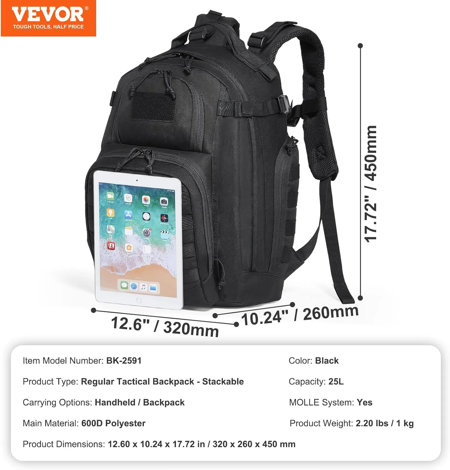 VEVOR Tactical Pack, 25L Military Tactical Pack with Molle Design & Sponge Pad, Army Assault Pack Bag for Men and Women, Range Gear Pack Bag for Outdoor Adventure, Hiking, Hunting, Black