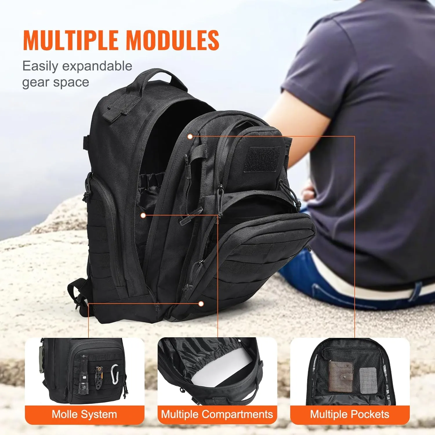 VEVOR Tactical Pack, 25L Military Tactical Pack with Molle Design & Sponge Pad, Army Assault Pack Bag for Men and Women, Range Gear Pack Bag for Outdoor Adventure, Hiking, Hunting, Black
