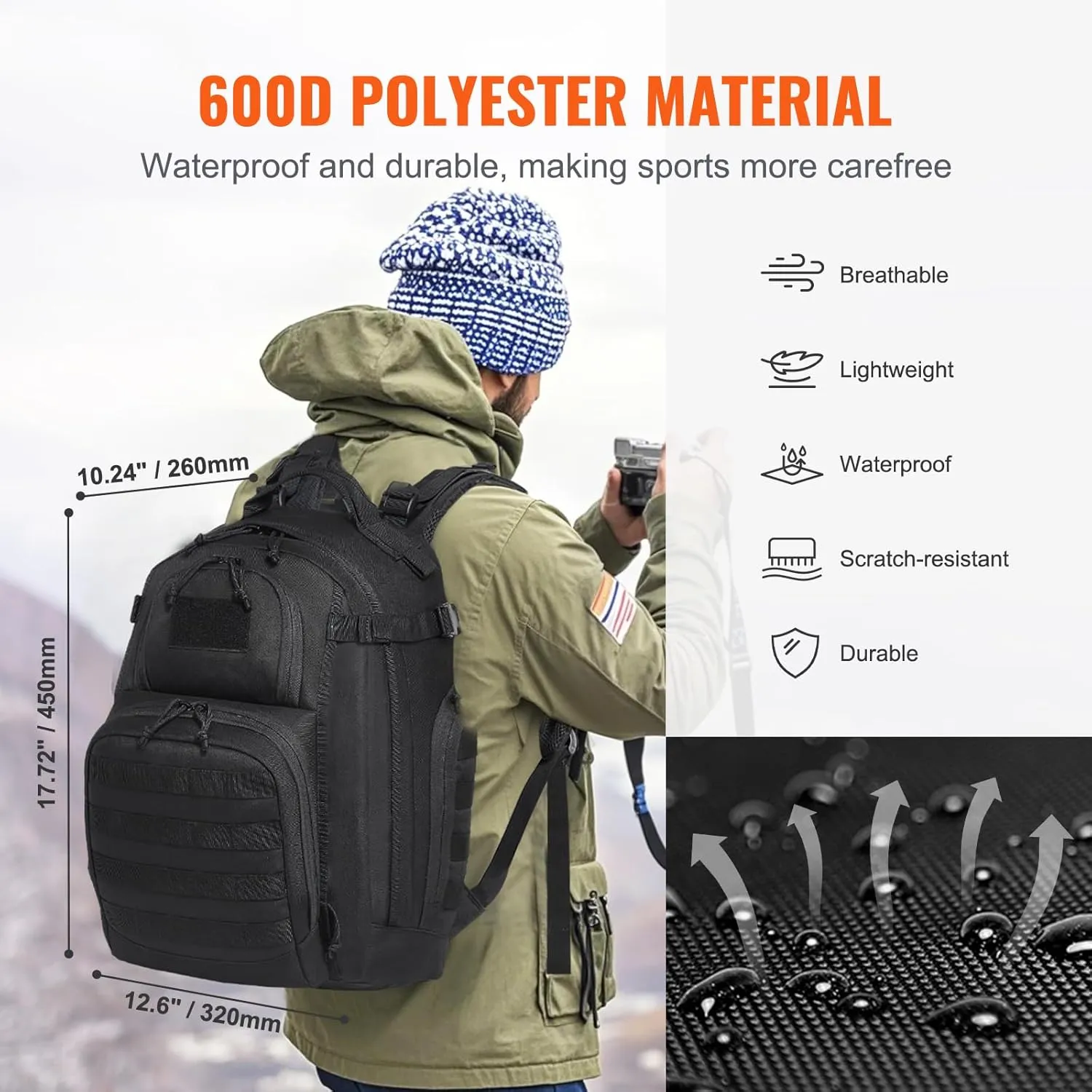 VEVOR Tactical Pack, 25L Military Tactical Pack with Molle Design & Sponge Pad, Army Assault Pack Bag for Men and Women, Range Gear Pack Bag for Outdoor Adventure, Hiking, Hunting, Black
