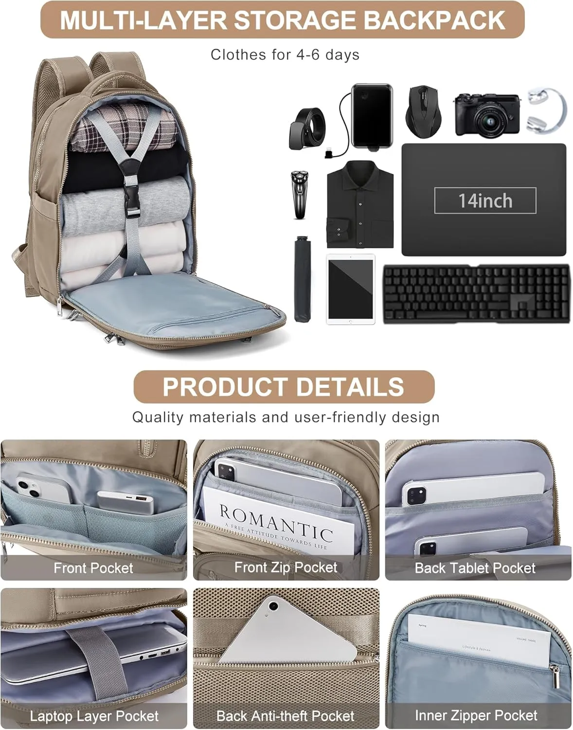 VGCUB Large Travel Backpack Purse for Women Men,Laptop Backpack,Aesthetic Gym Carry on Backpack,Personal Item Size Backpack Casual Daypack Rucksack for Work With USB Charging Port,Khaki