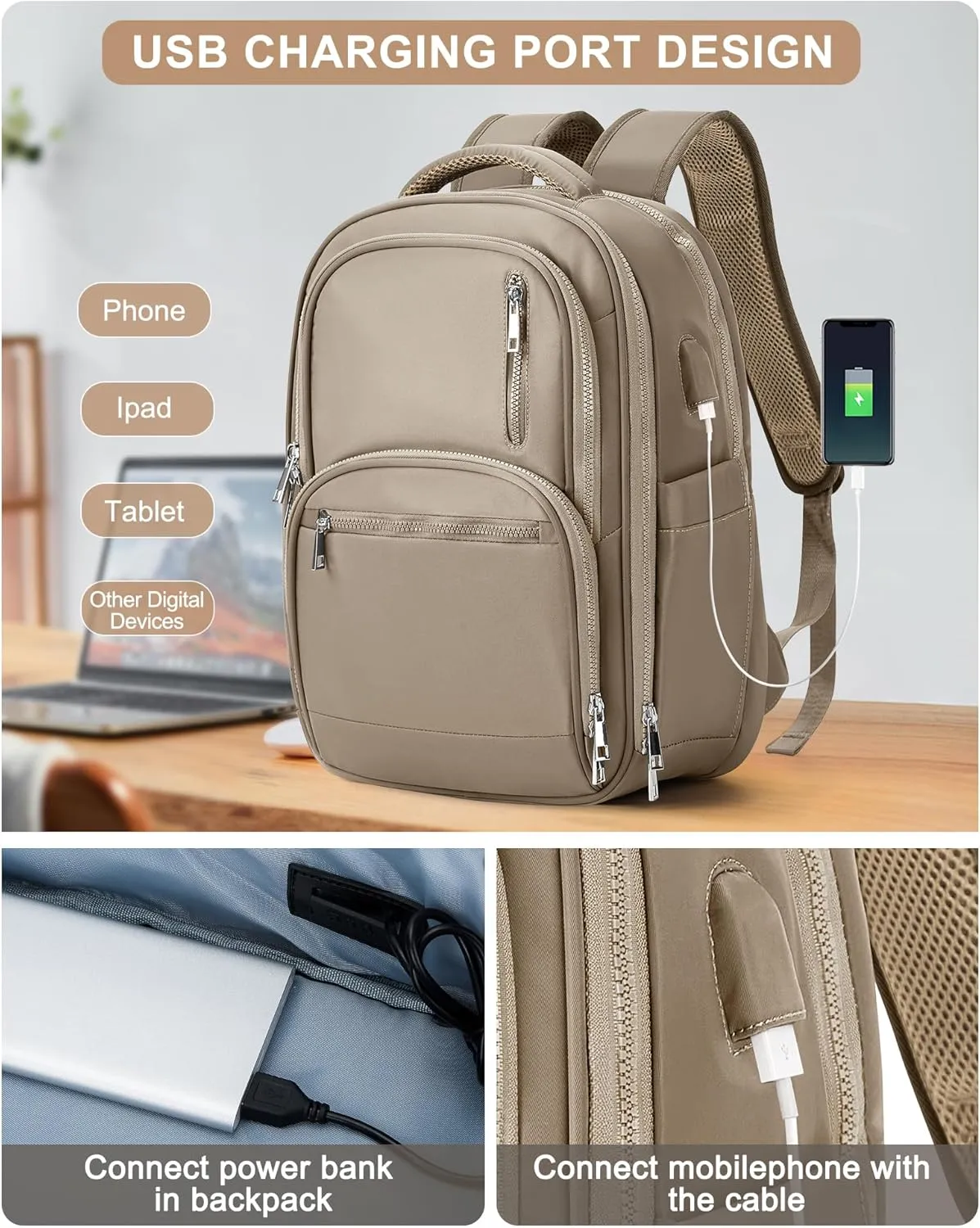 VGCUB Large Travel Backpack Purse for Women Men,Laptop Backpack,Aesthetic Gym Carry on Backpack,Personal Item Size Backpack Casual Daypack Rucksack for Work With USB Charging Port,Khaki