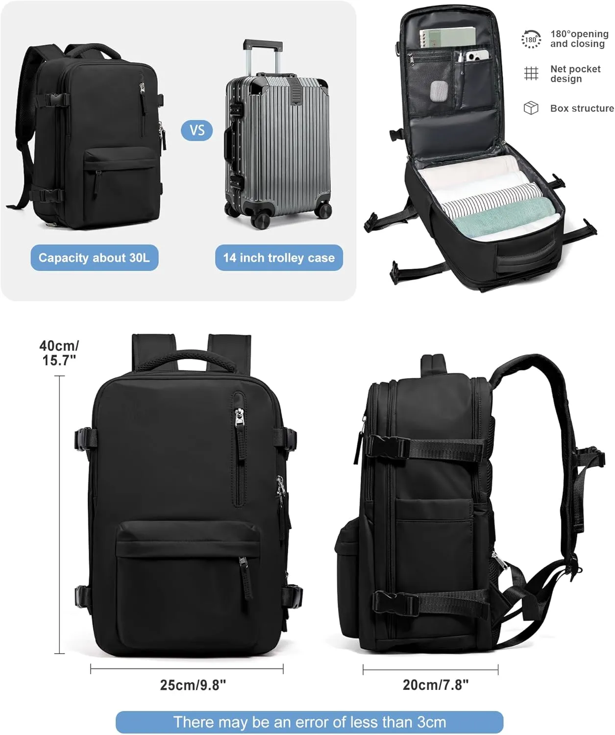 VGCUB Travel Backpack for Women Men for Spirit Airlines Personal Item Bag 18x14x8 Inches Laptop College Backpack,Waterproof Carry on Flight Approved Work Backpack Mochila de Viaje,Black
