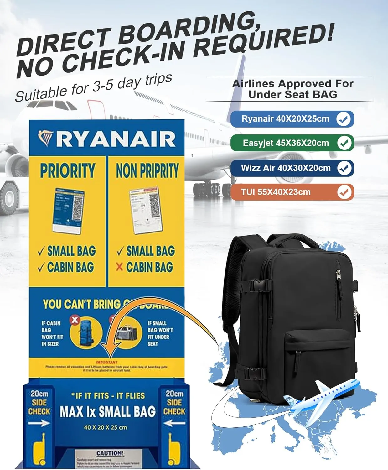 VGCUB Travel Backpack for Women Men for Spirit Airlines Personal Item Bag 18x14x8 Inches Laptop College Backpack,Waterproof Carry on Flight Approved Work Backpack Mochila de Viaje,Black