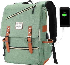 Vintage Laptop Backpack with USB Charging Port, Backpack for adult Fits up to 5.6 Inch Laptop Computer Backpack Casual Rucksack for Men Women (Green)