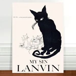 Vintage Perfume Poster Art ~ CANVAS PRINT ~ My Sin Lanvin Black Cat Paintings Oil Painting Original Drawing Photo Wall (12x16inch NO Framed)