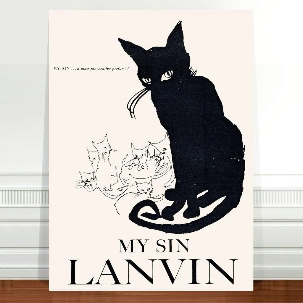 Vintage Perfume Poster Art ~ CANVAS PRINT ~ My Sin Lanvin Black Cat Paintings Oil Painting Original Drawing Photo Wall (12x16inch NO Framed)