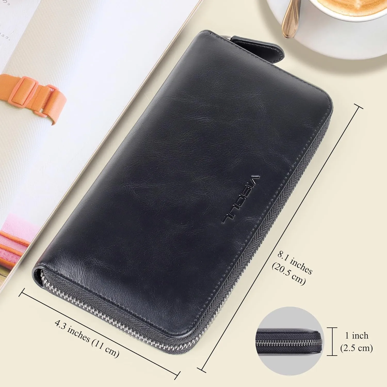 VISOUL Leather Long Zipper Pouch Wallet for Men and Women with RFID Blocking, Large Clutch Cash Long Wallet with Zipper (Black)