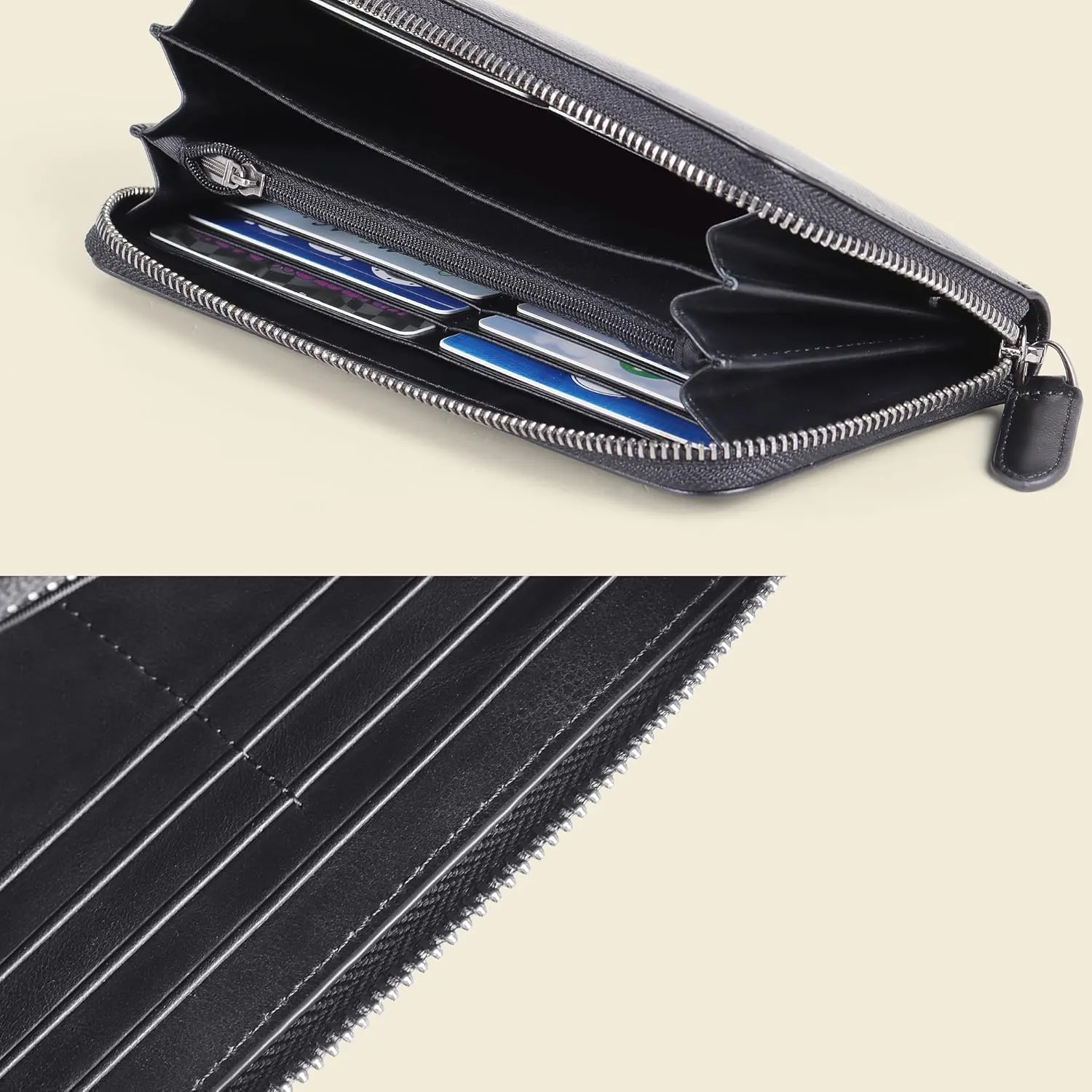 VISOUL Leather Long Zipper Pouch Wallet for Men and Women with RFID Blocking, Large Clutch Cash Long Wallet with Zipper (Black)