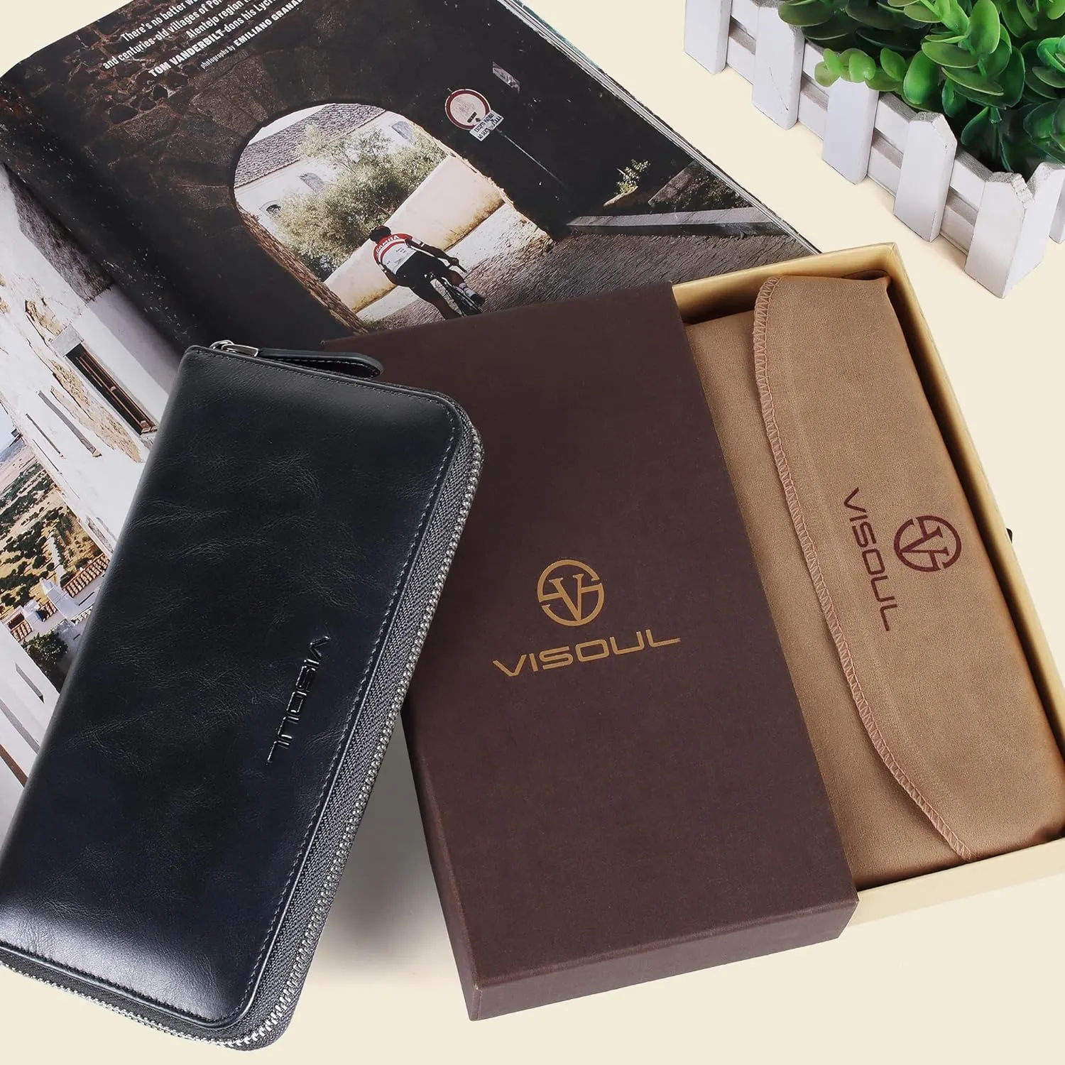 VISOUL Leather Long Zipper Pouch Wallet for Men and Women with RFID Blocking, Large Clutch Cash Long Wallet with Zipper (Black)