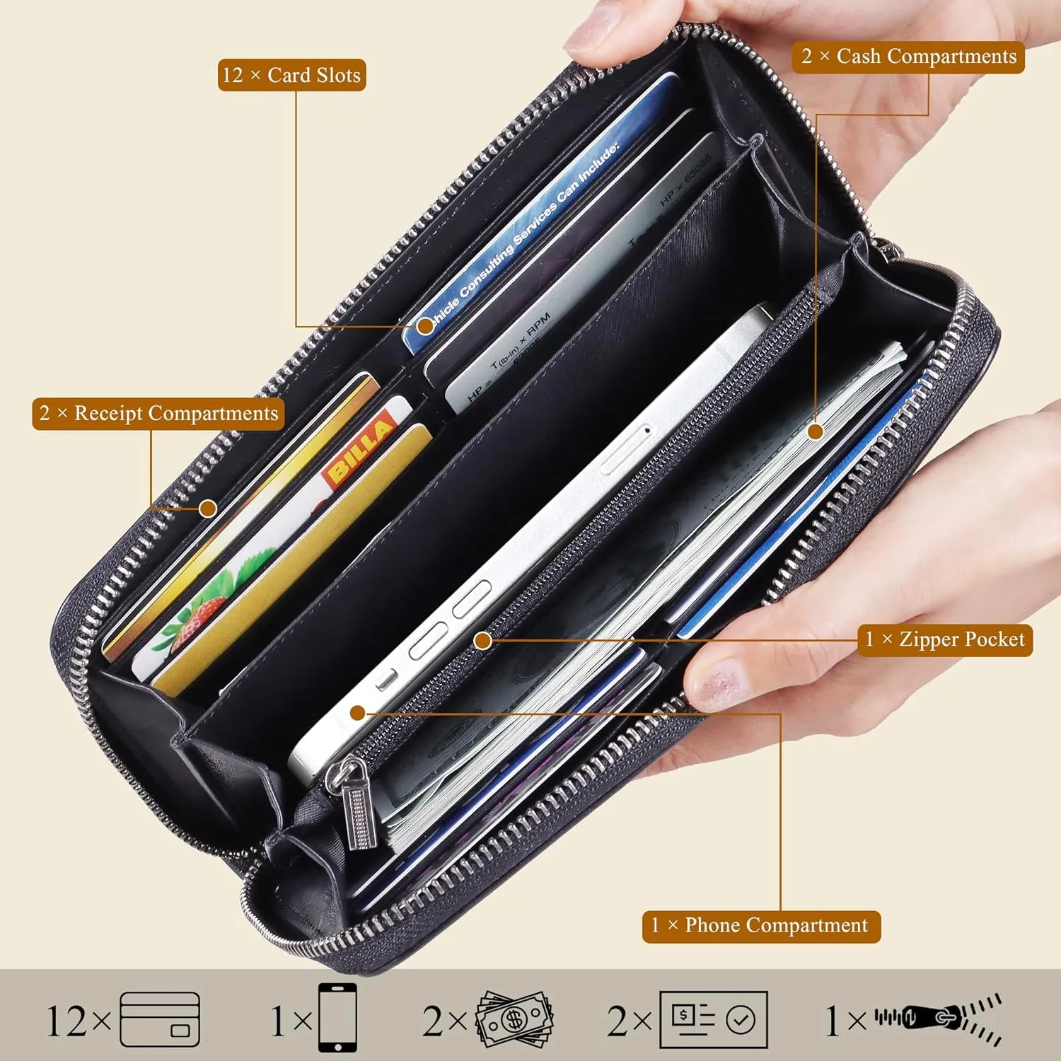 VISOUL Leather Long Zipper Pouch Wallet for Men and Women with RFID Blocking, Large Clutch Cash Long Wallet with Zipper (Black)