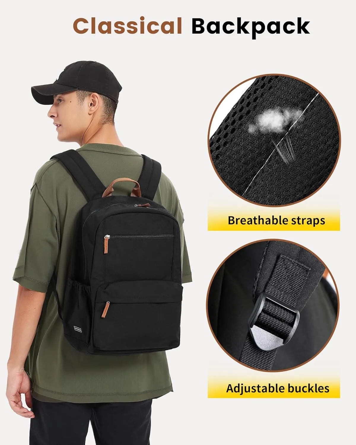 Vorspack Backpack for Men and Women - Lightweight Backpack Classical Basic Bookbag with Multi-pockets Casual Daypack for College Workplace Travel - Black