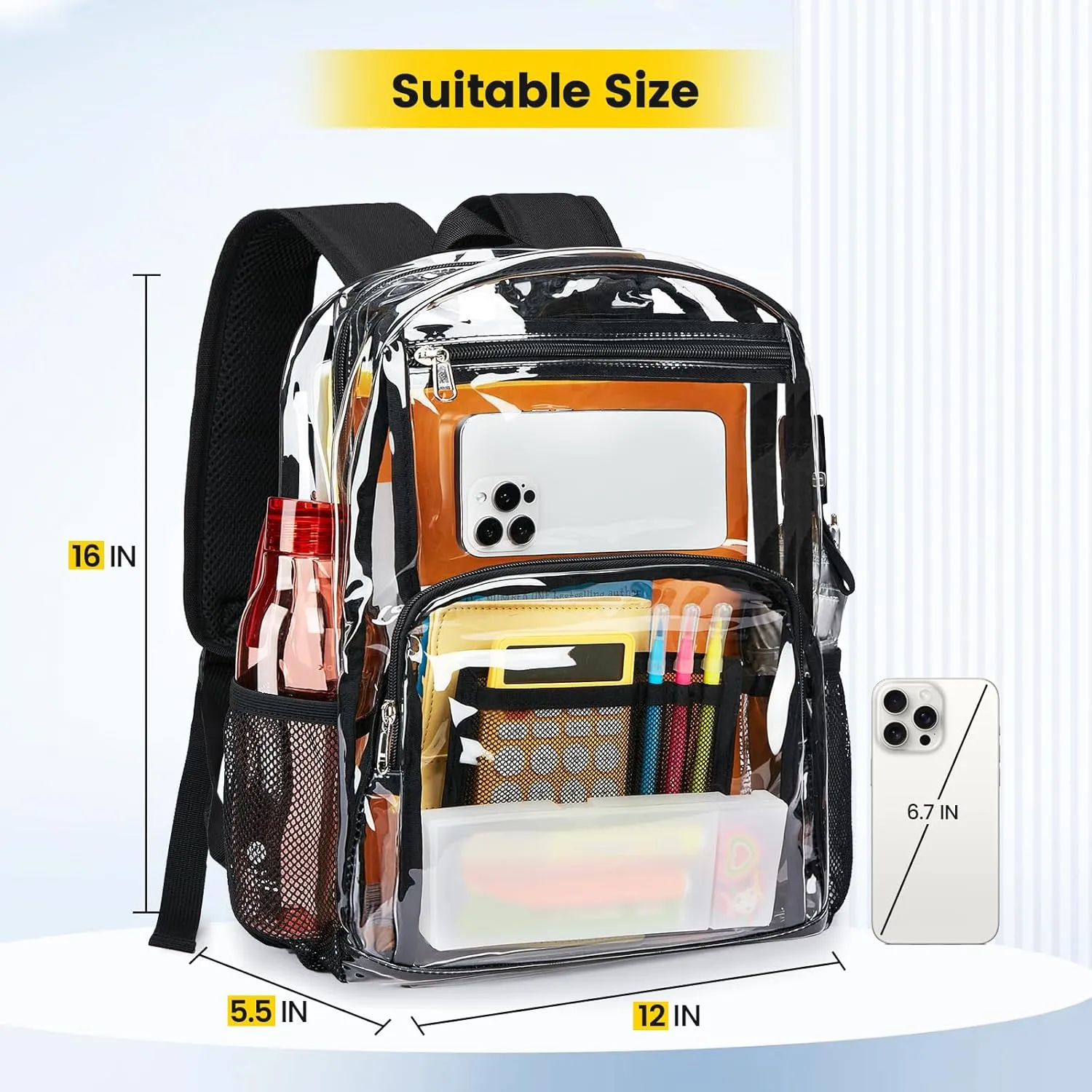 Vorspack Clear Backpack Heavy Duty - Large Transparent Bookbag for Adults, See Through Backpack for College, Work, Travel - Black