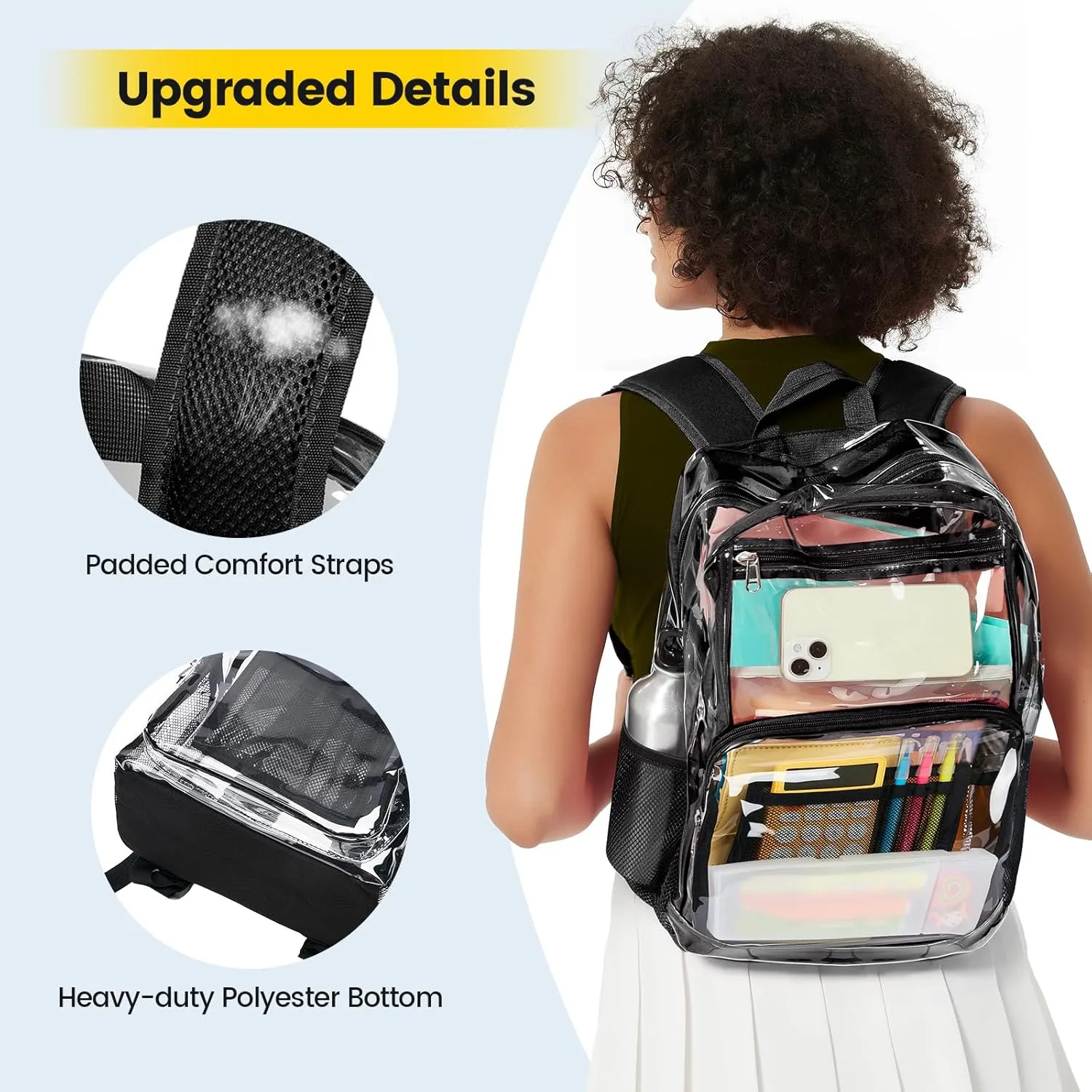 Vorspack Clear Backpack Heavy Duty - Large Transparent Bookbag for Adults, See Through Backpack for College, Work, Travel - Black