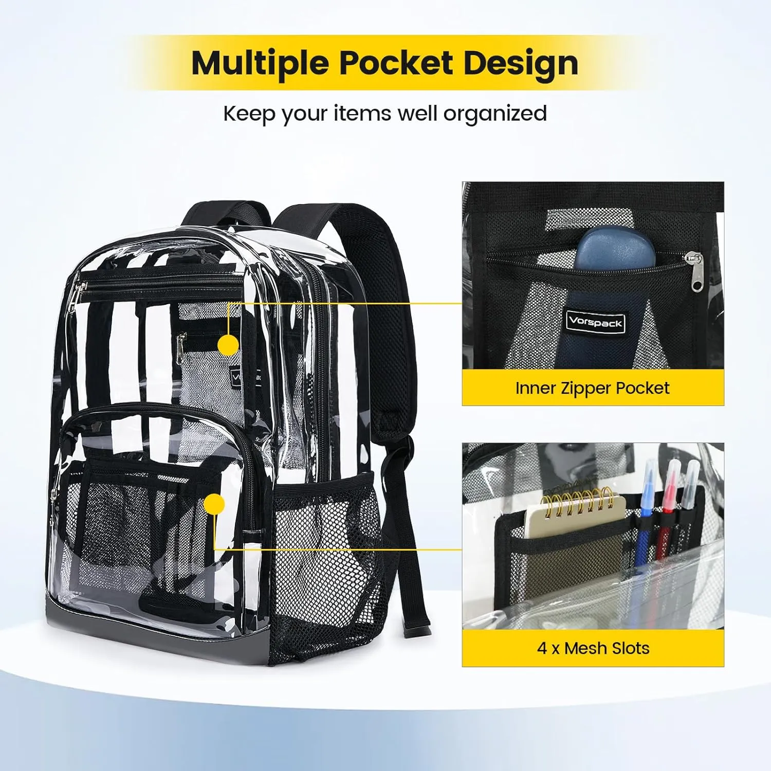 Vorspack Clear Backpack Heavy Duty - Large Transparent Bookbag for Adults, See Through Backpack for College, Work, Travel - Black