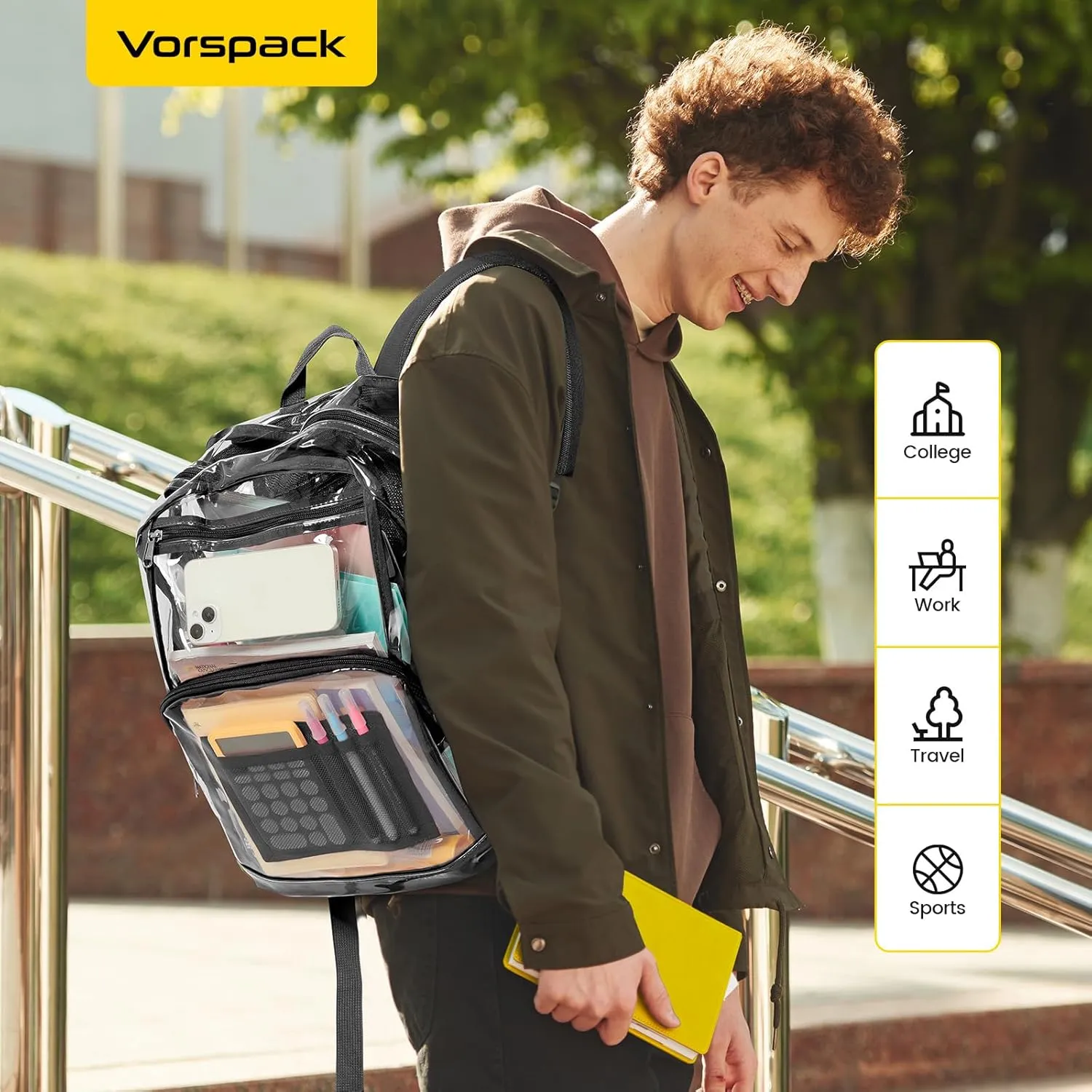 Vorspack Clear Backpack Heavy Duty - Large Transparent Bookbag for Adults, See Through Backpack for College, Work, Travel - Black