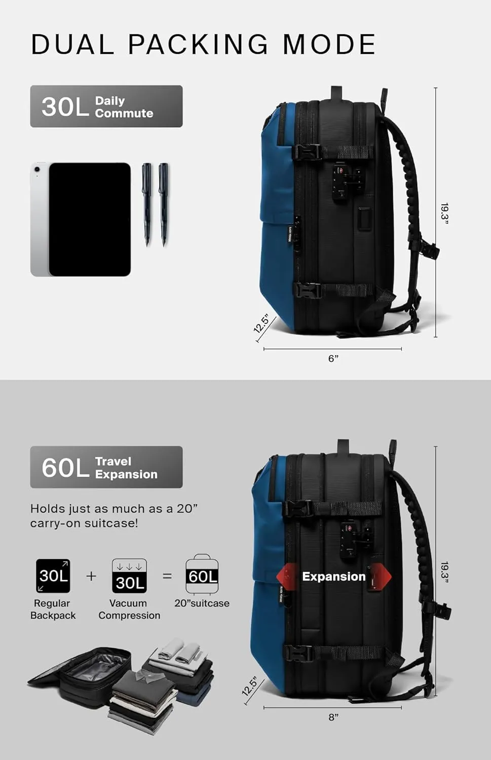 Vortex Vacuum Seal Travel Backpack 60L Exapandable Air Compression System Water Resistant TSA Lock Carry-On Suitcase Luggage Black AERO - Vacuum Pump Included